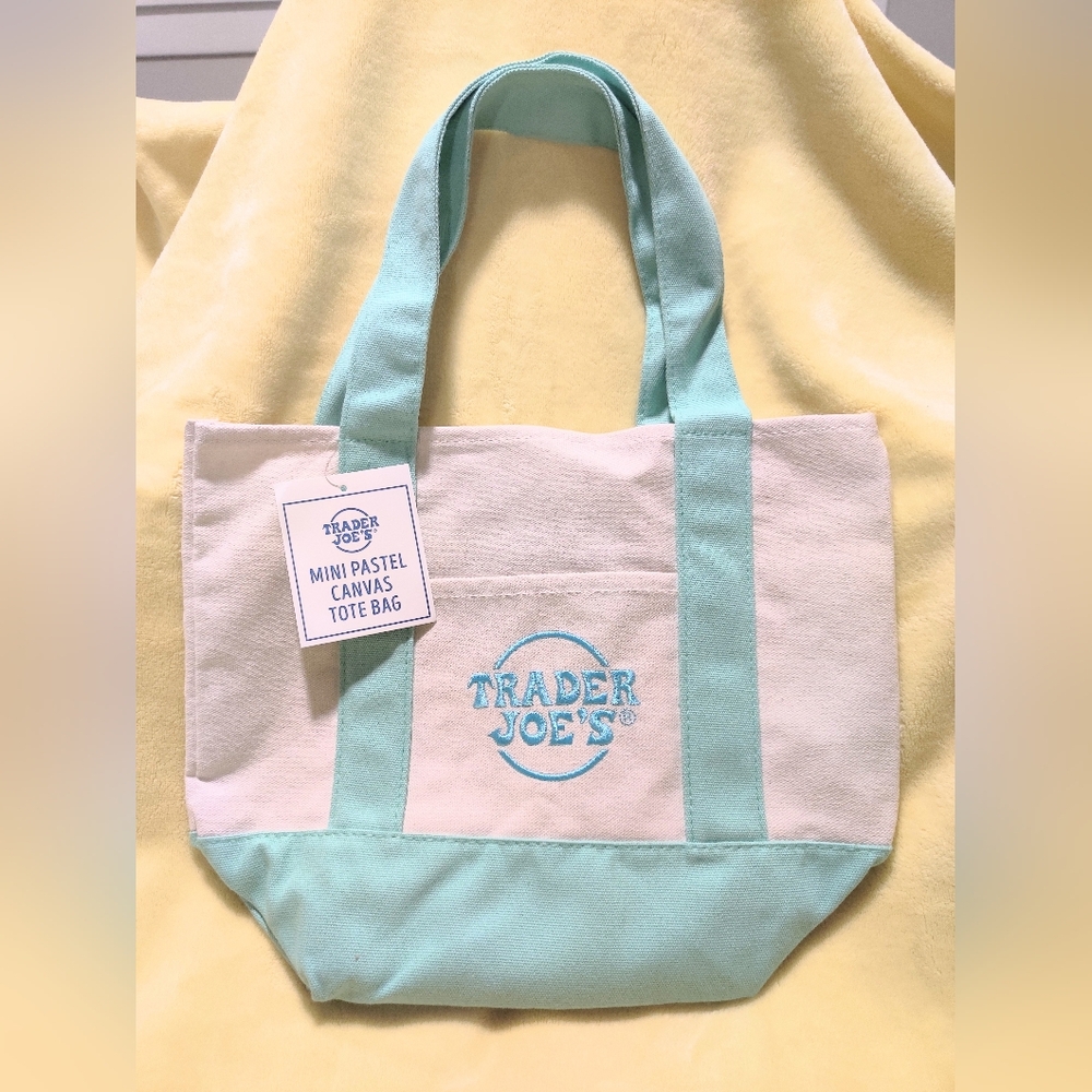 NWT Trader Joe's Pastel Mini Canvas Tote Bag - Green with Blue Logo